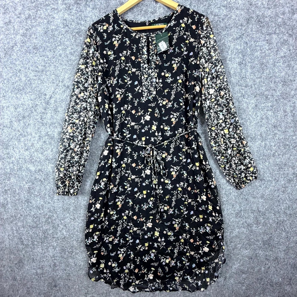 Lauren Ralph Lauren Chiffon Dress Womens 12 Black Floral Office Dark Romantic